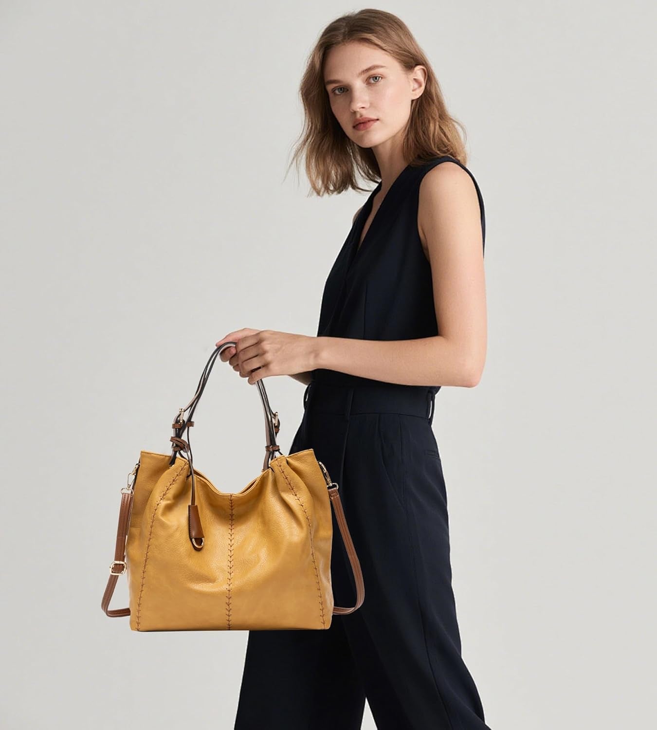 Casual Faux Leather Tote Hobo Bag for Women, Soft Shoulder Bag Crossbody Satchel Purse and Handbag