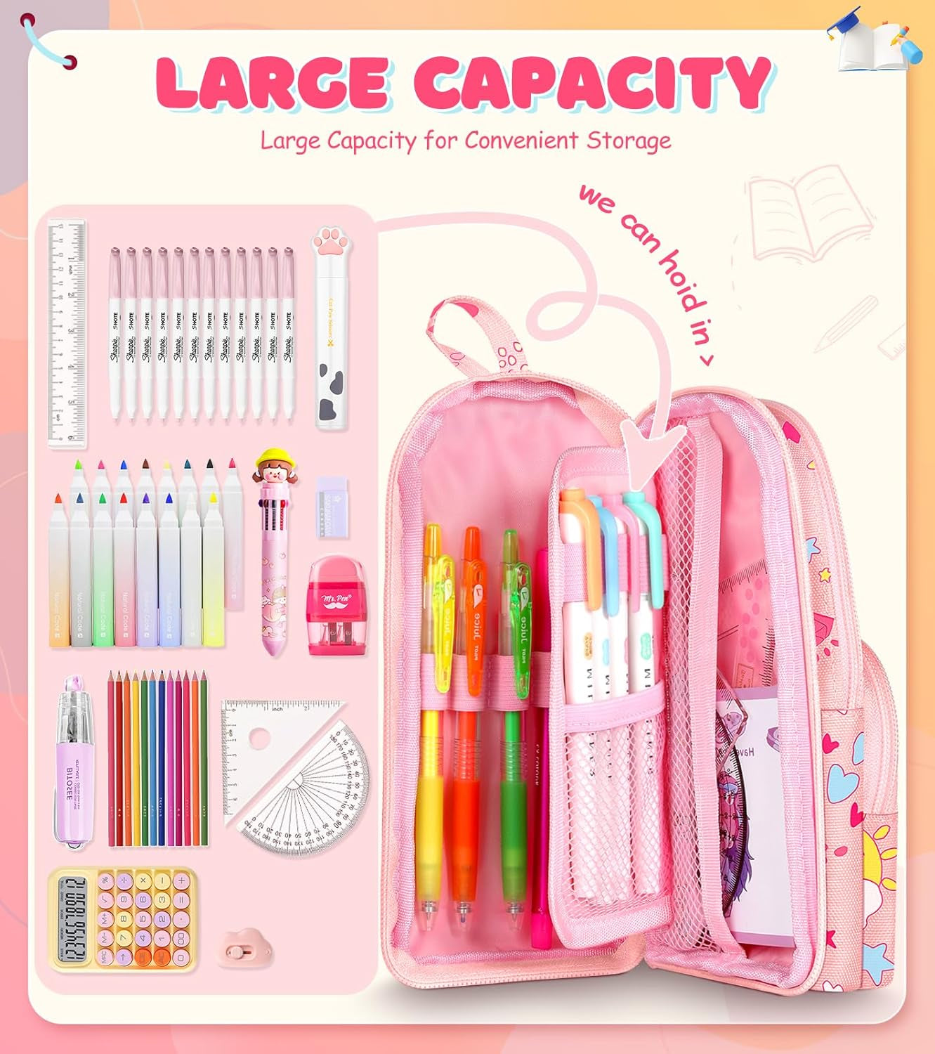 Cute Pencil Case,Unique Aesthetic 3D Schoolbag-Shaped Pencil Pouch for Girls Boys Kids Women,Big Capacity Pen and Pencil Stationery Organizer Bag with Zippers for School Office