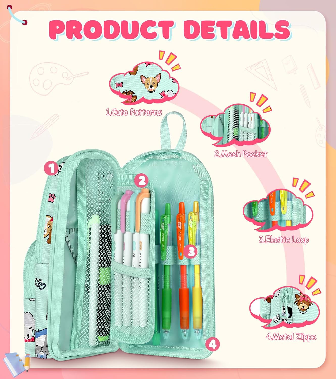 Cute Dog Pencil Case,Unique Aesthetic 3D Schoolbag-Shaped Pencil Pouch for Girls Boys Kids Women,Big Capacity Pen and Pencil Stationery Organizer Bag with Zippers for School Office