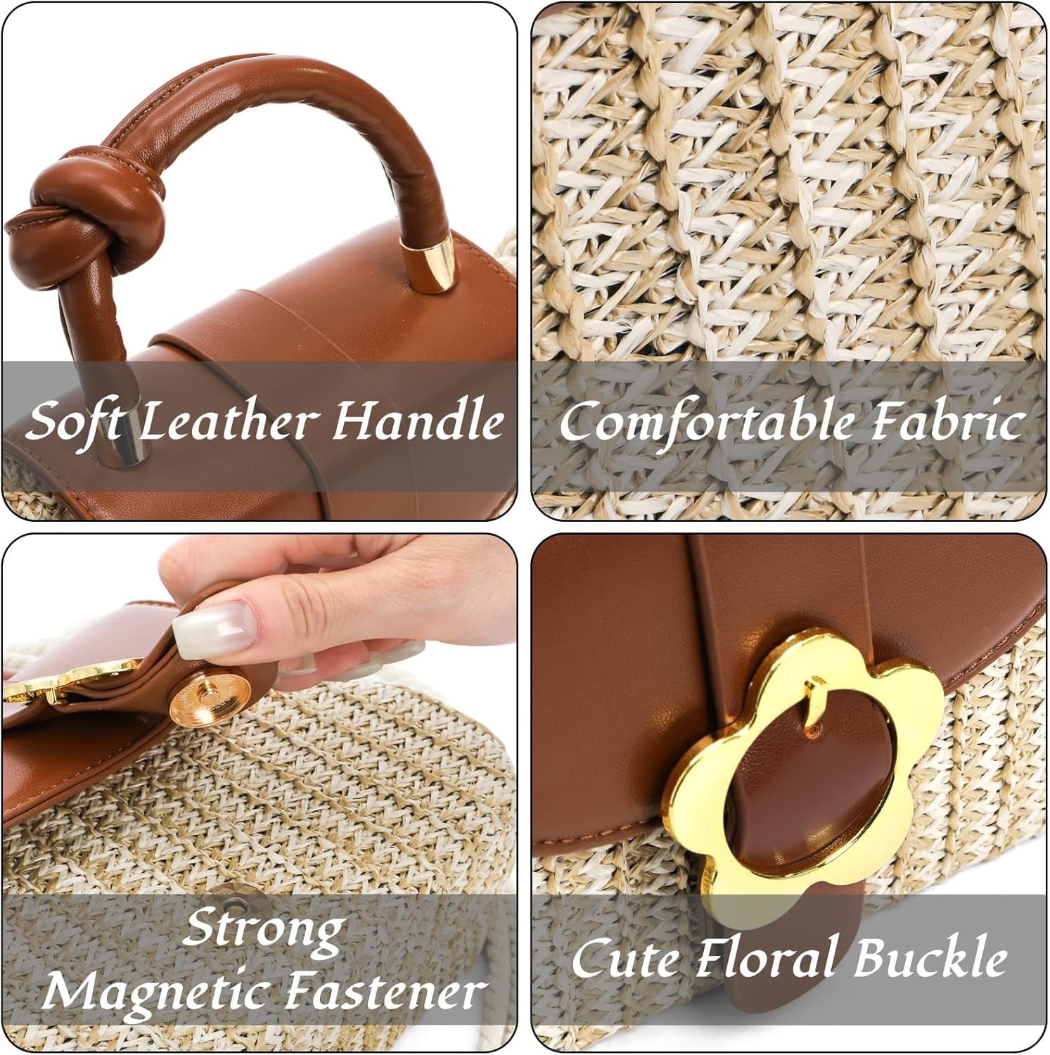 Small Top Handle Purse, Straw Crossbody Bag with Floral Buckle Detachable Strap for Women, Cute Mini Clutch Straw Purse for Vocation, Summer Beach, Travel, Holiday