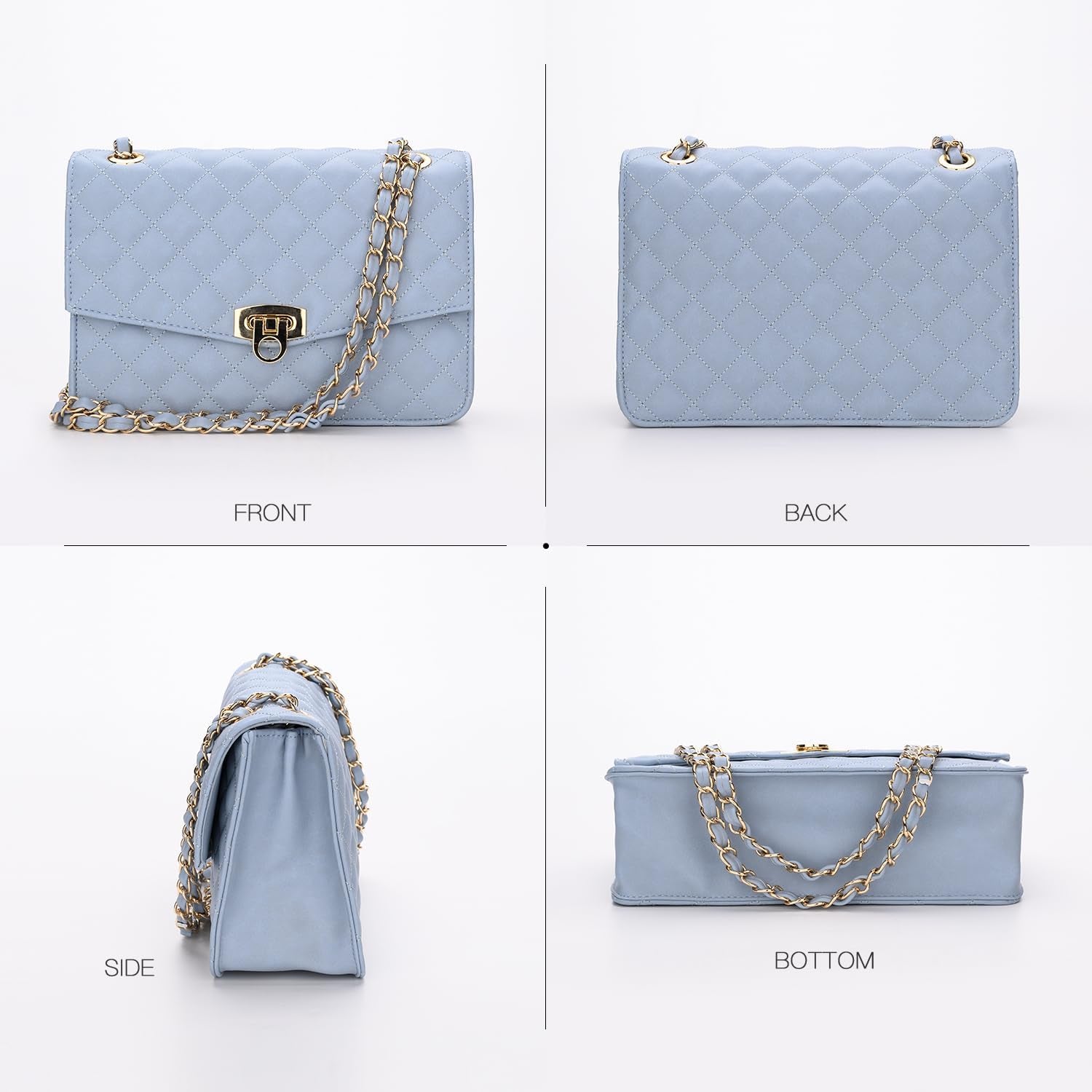 Quilted Shoulder Bag for Women, Medium Flap Crossbody Handbag with Chain Strap, Soft Vegan Leather Clutch Purse