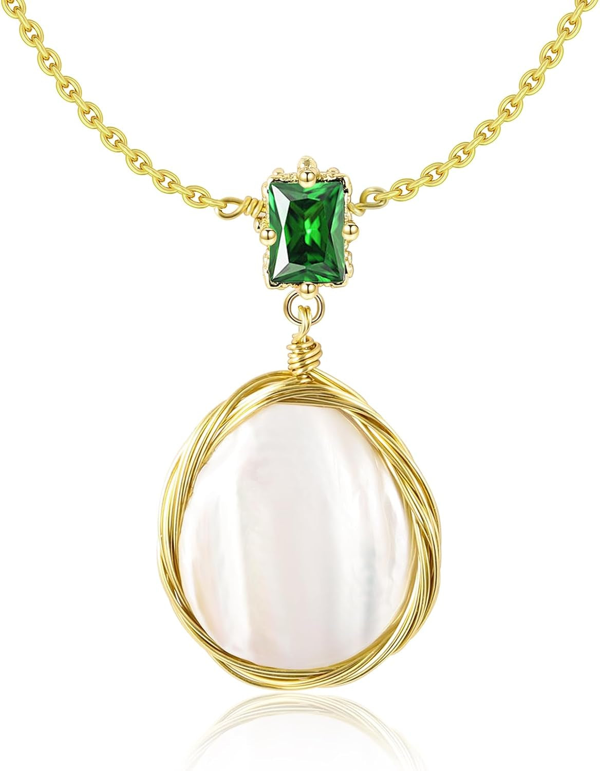 Natural Baroque Freshwater Pearl Necklace for Women, White round Pearls, Wire Wrap Gold Necklace Jewelry, Handmade Jewelry Gift for Mom Lover Her (14K Gold Plated)