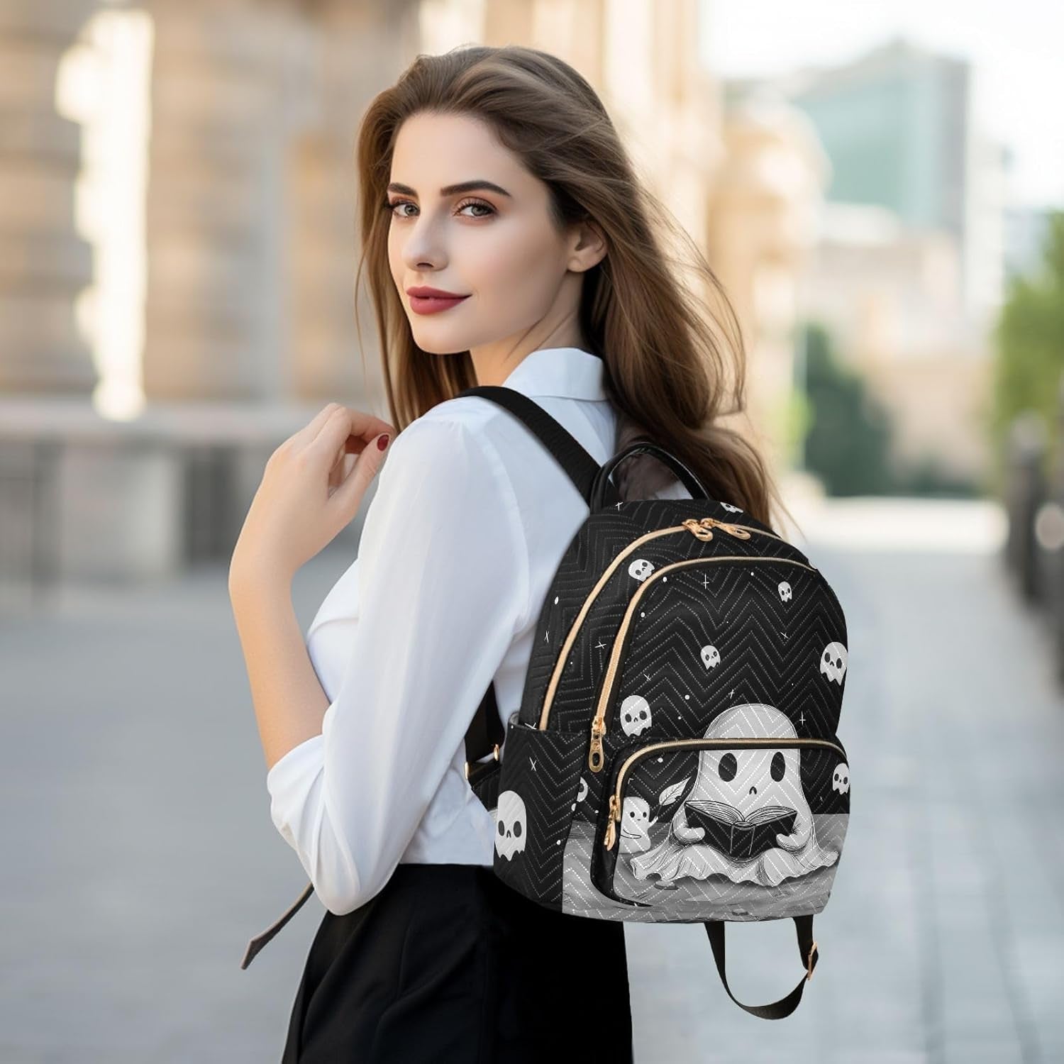 Cute Ghost Quilted Backpack Purse for Women Fashion Small Backpack Shoulder Bag Travel Casual Daypack M