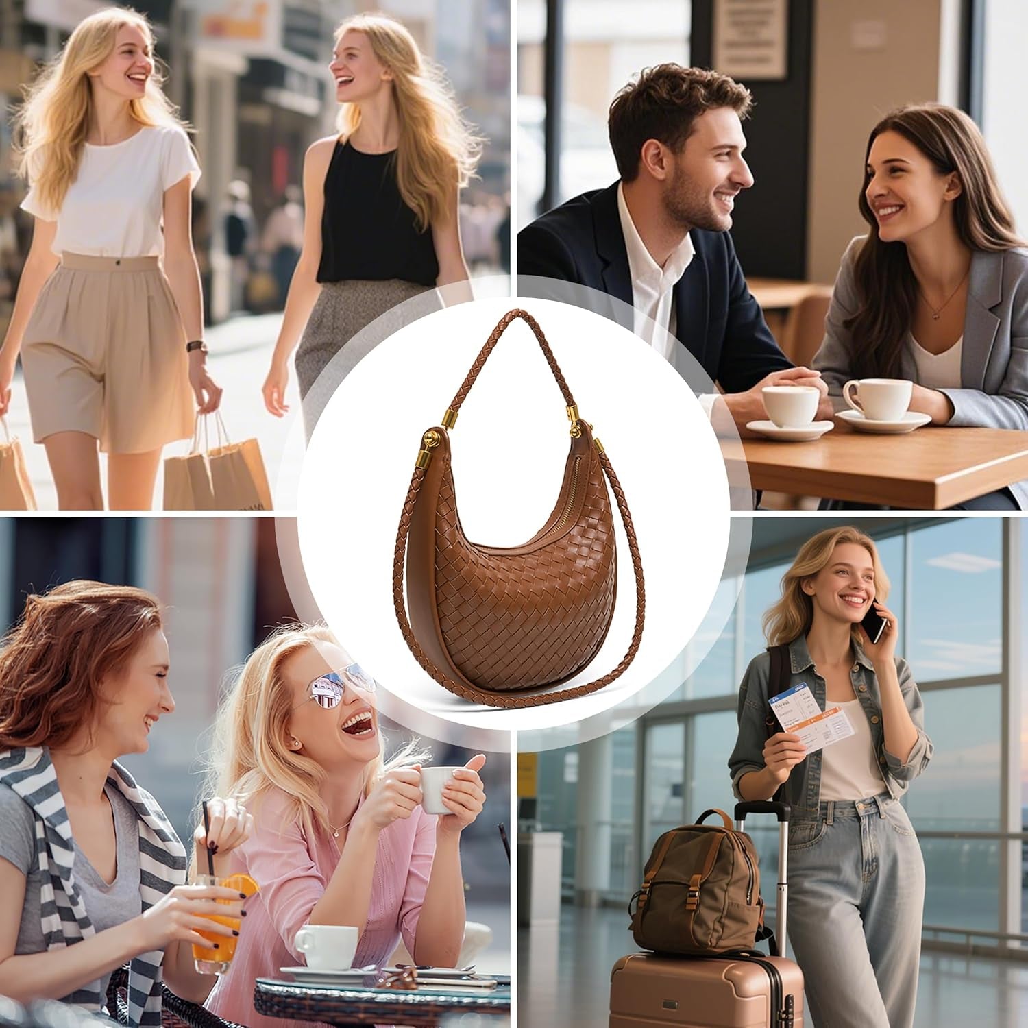 Woven Leather Crescent Shoulder Bag for Women, Saddle Purse Braided Top-Handle Handbag under Arm Bag