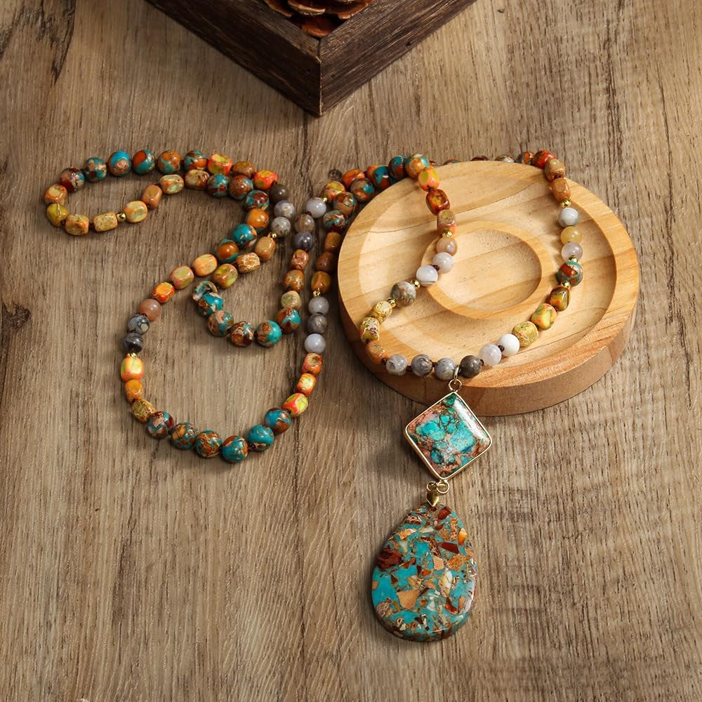 Boho Necklaces for Women Men Long,33/34/35 Inch Natural Turquoise Tiger Eye Beaded Stone Pendant Necklaces for Women Trendy,Handmade Bohemian Western Bead Necklace Fashion Charm Jewelry Gift