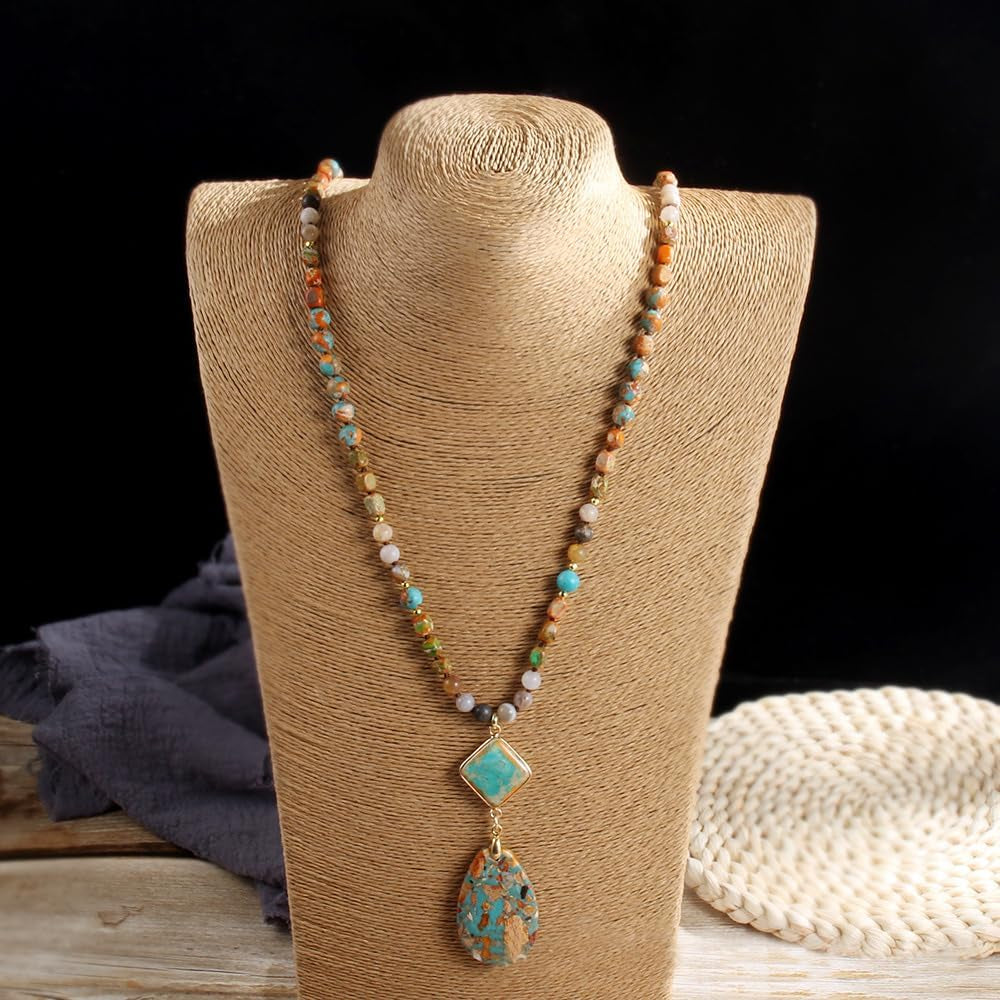 Boho Necklaces for Women Men Long,33/34/35 Inch Natural Turquoise Tiger Eye Beaded Stone Pendant Necklaces for Women Trendy,Handmade Bohemian Western Bead Necklace Fashion Charm Jewelry Gift
