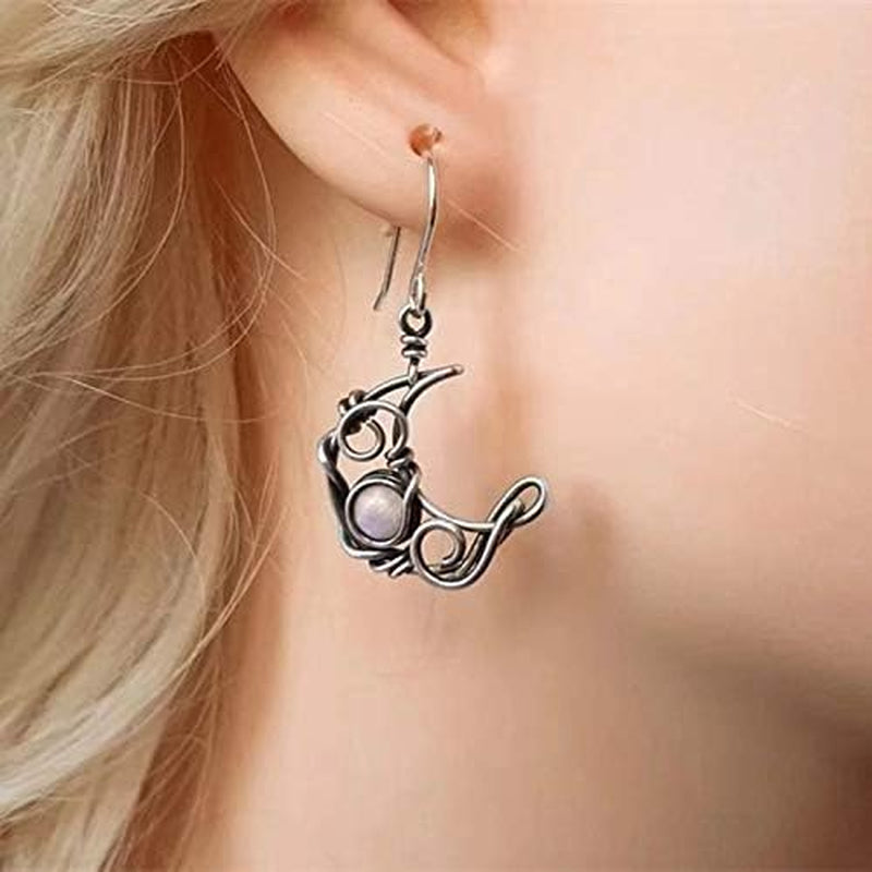 Boho Opal Sun and Moon Drop Dangle Earrings Moonstone Natural Stone Hook Bohemian for Women Asymmetrical Antiqued Silver Celestial Jewelry-A