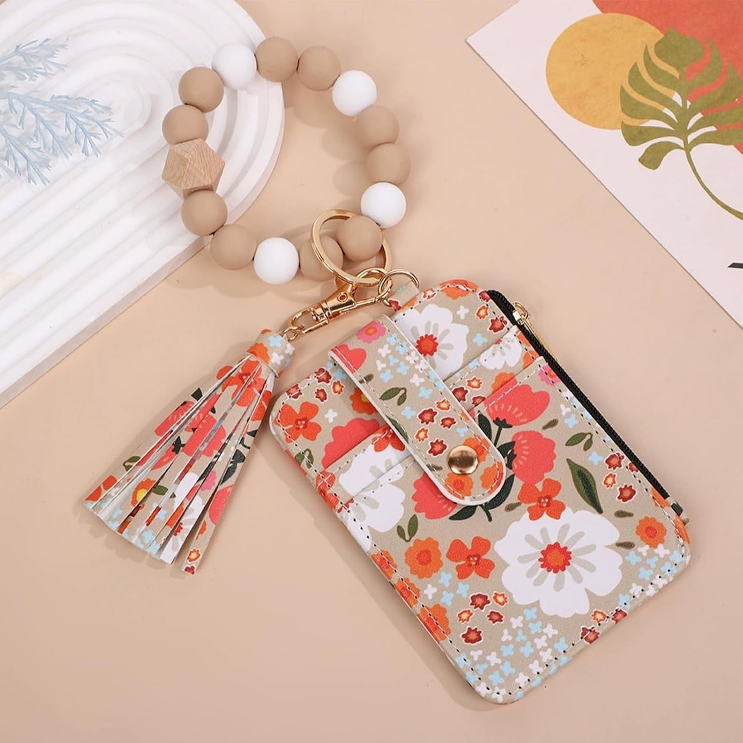 Women Boho Beaded Wallet Keychain Wristlet Wallet for Women Tassel Silicone Keychain Card Holder Small Purse Gifts