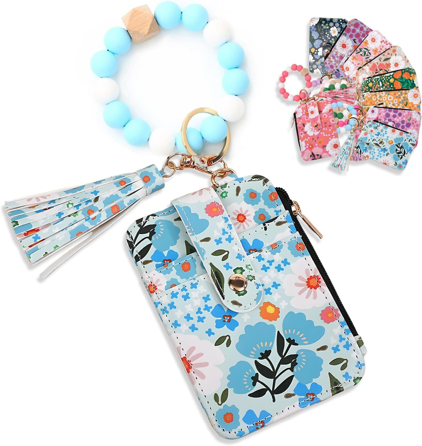 Women Boho Beaded Wallet Keychain Wristlet Wallet for Women Tassel Silicone Keychain Card Holder Small Purse Gifts