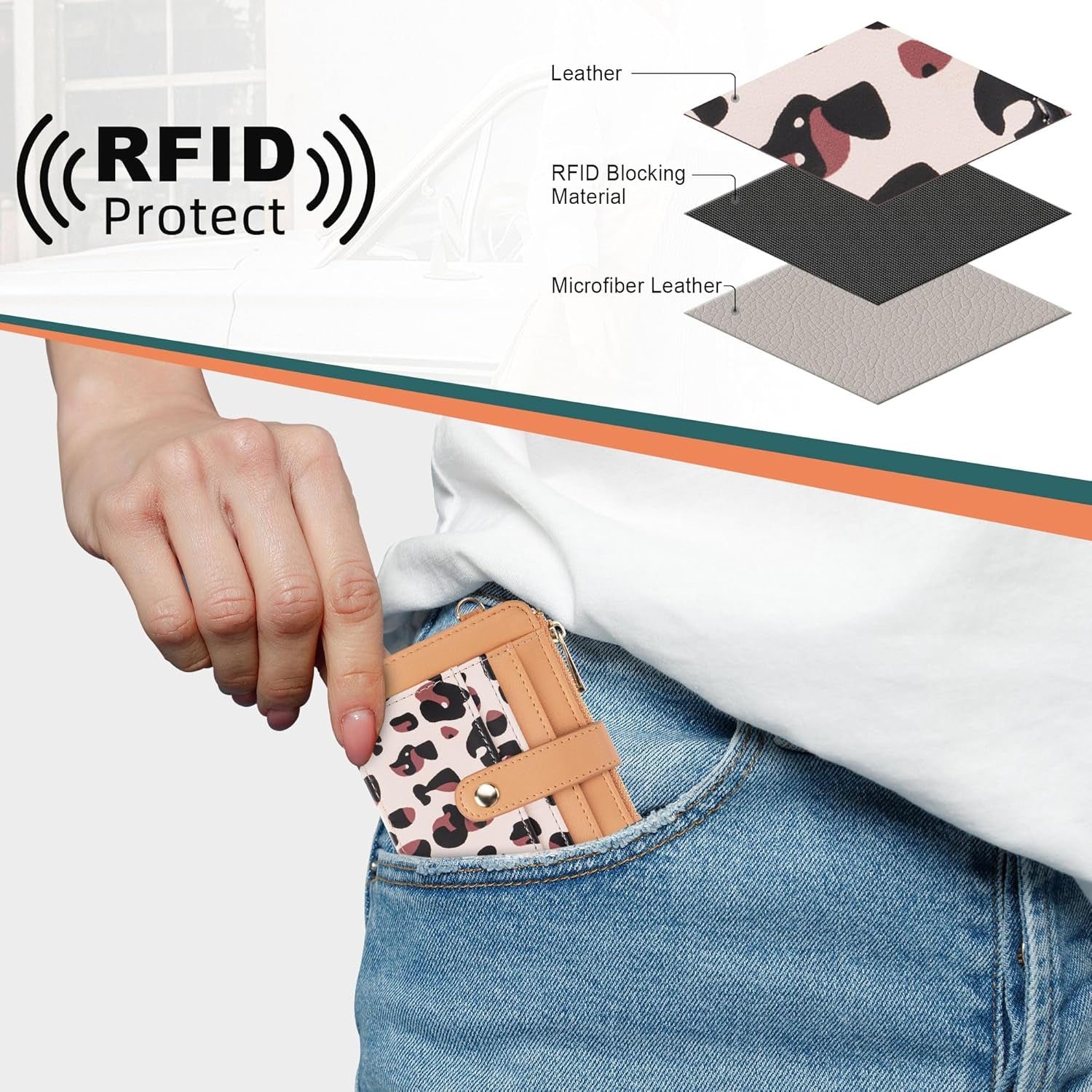 Keychain Wallet with Bracelet RFID Blocking Wristlet Credit Purse Card Holder, Silicone Bead Tassel Key Ring for Women