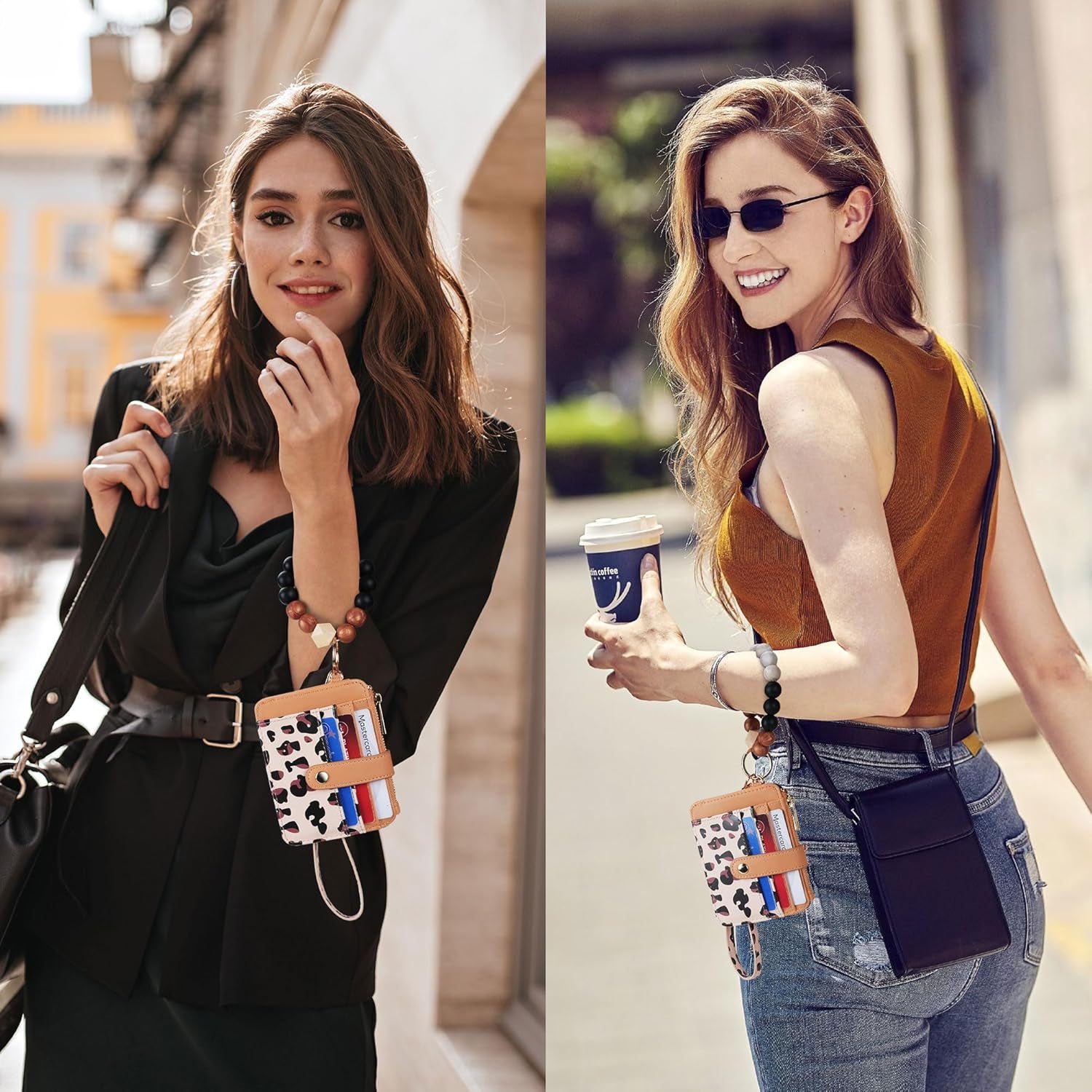 Keychain Wallet with Bracelet RFID Blocking Wristlet Credit Purse Card Holder, Silicone Bead Tassel Key Ring for Women