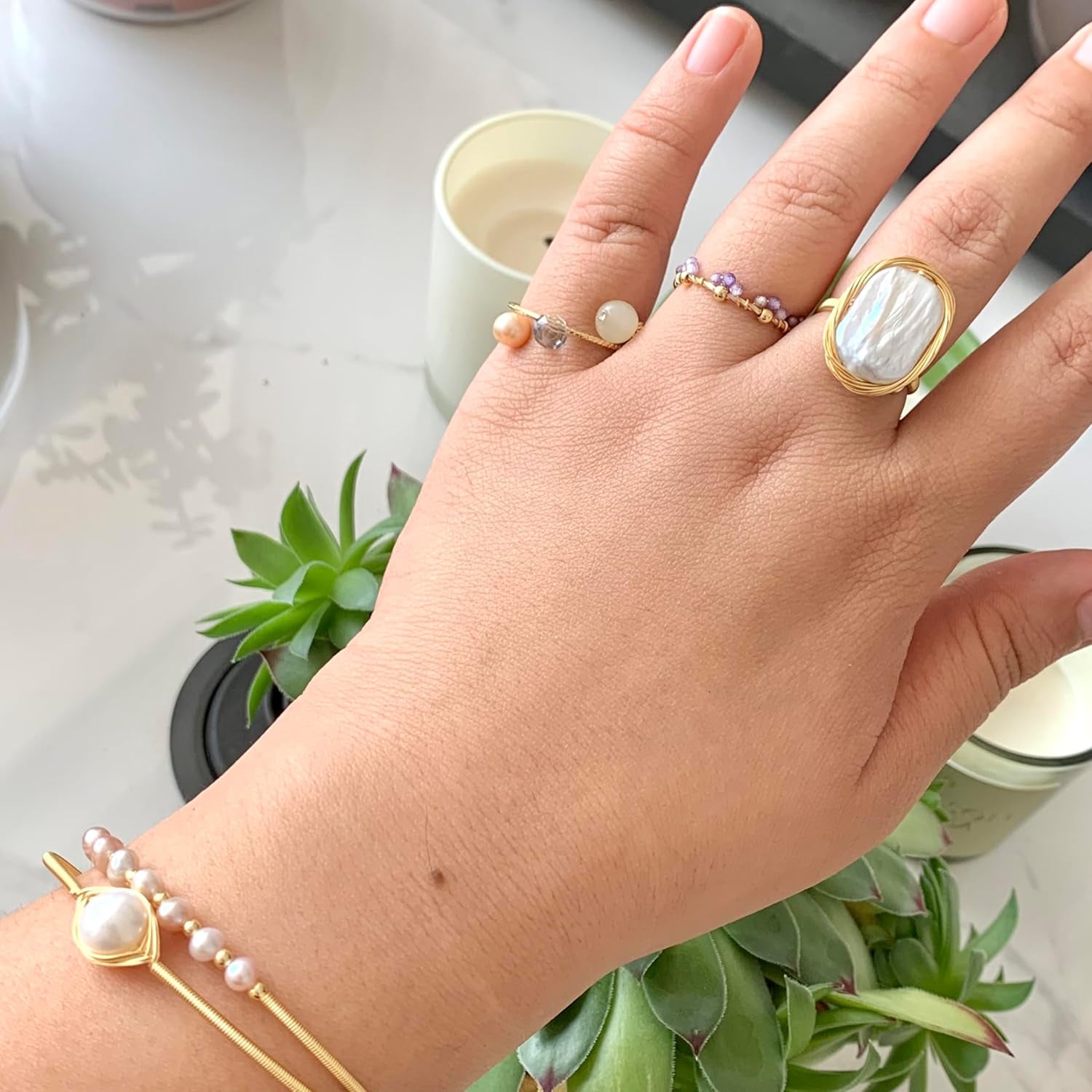 Handcrafted Baroque Pearl Ring Winding Design Opening Adjustable 14K Gold Plated Material,White