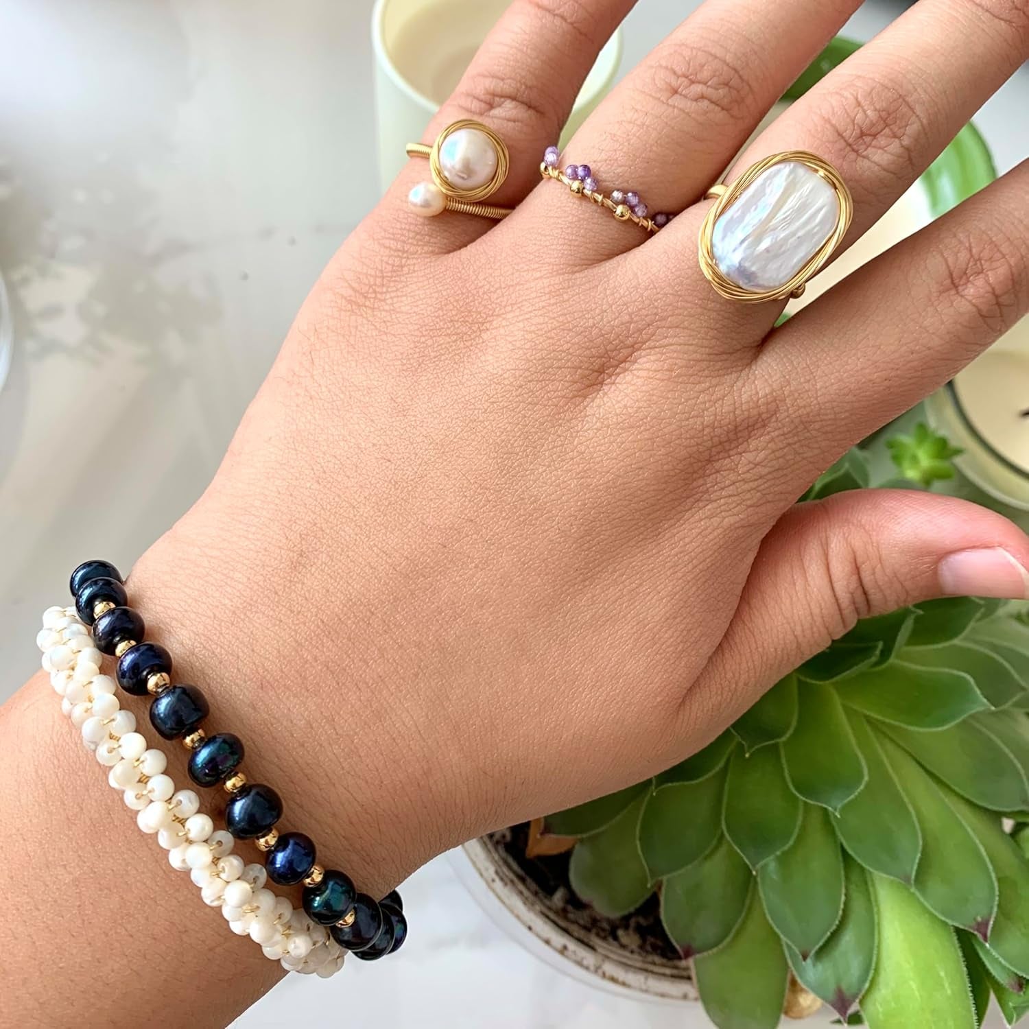 Handcrafted Baroque Pearl Ring Winding Design Opening Adjustable 14K Gold Plated Material,White