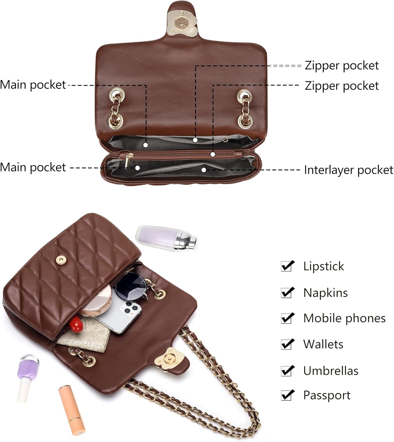 Quilted Crossbody Purse for Women Trendy - Ladies Shoulder Bag Leather Handbag Designer Evening Clutch with Chain Strap