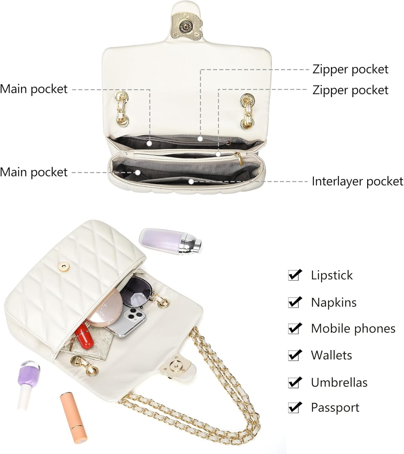 Quilted Crossbody Purse for Women Trendy - Ladies Shoulder Bag Leather Handbag Designer Evening Clutch with Chain Strap