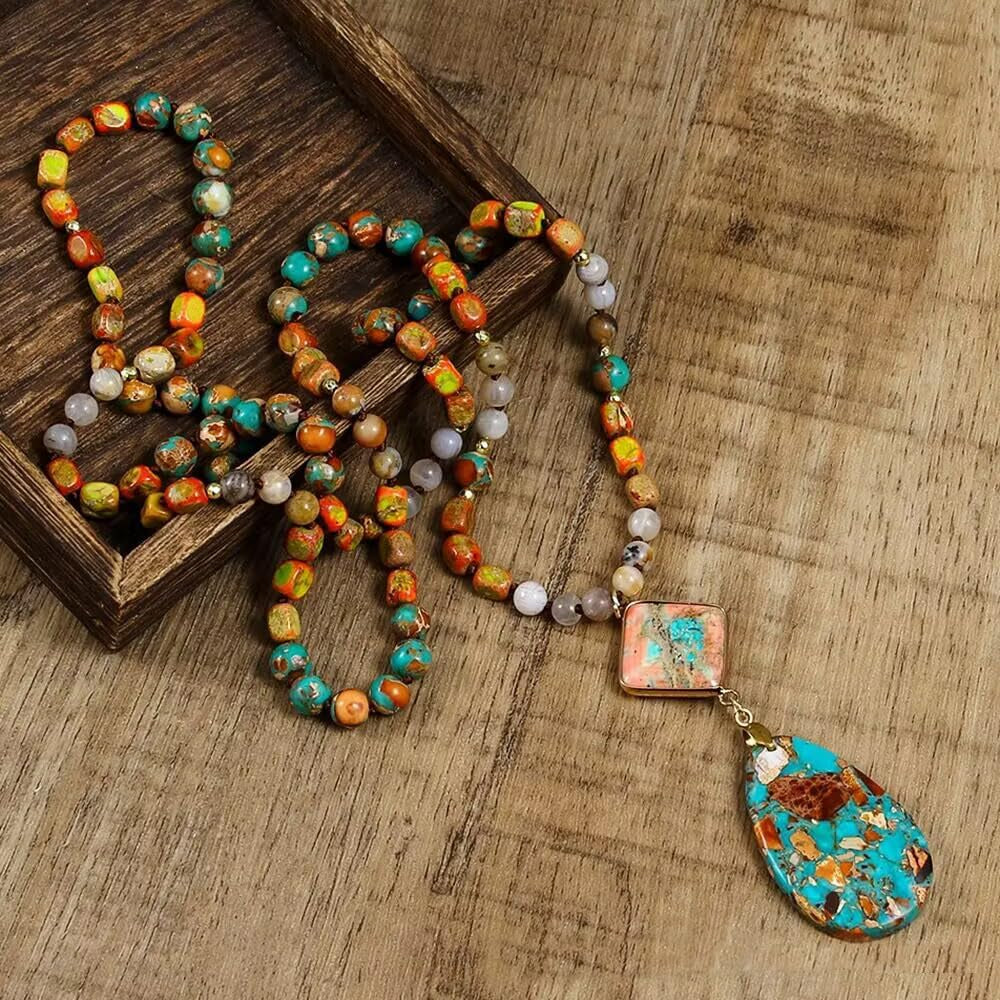 Boho Necklaces for Women Men Long,33/34/35 Inch Natural Turquoise Tiger Eye Beaded Stone Pendant Necklaces for Women Trendy,Handmade Bohemian Western Bead Necklace Fashion Charm Jewelry Gift