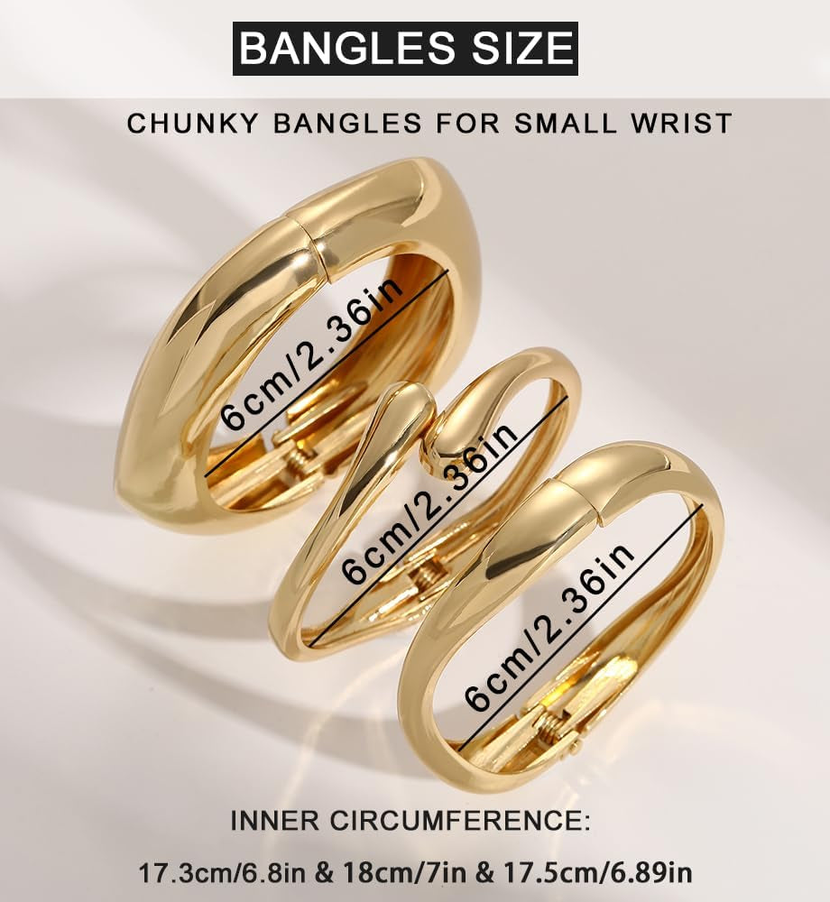 Chunky Gold Bangle Bracelets for Women, Dainty 14K Gold Plated Big Stackable Bangles Set, Trendy Statement Cuff Bracelet Stack Fashion Jewelry Gifts