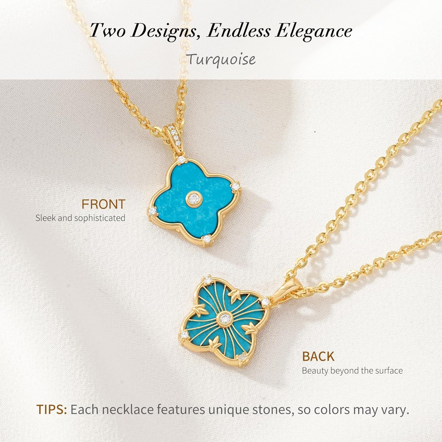 Reversible Clover Necklace for Women 14K Gold Plated Natural Stone Four Leaf Pendant Necklaces Lucky Charm Jewelry