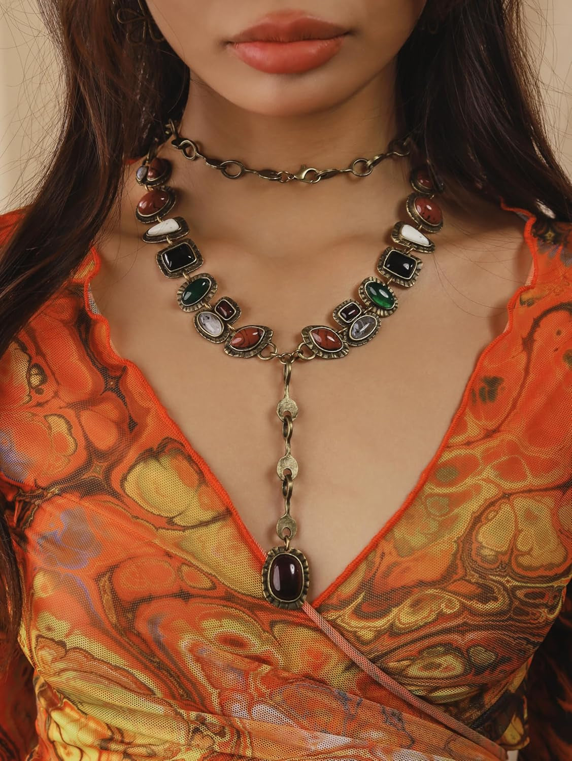 Bohemian Created Turquoise Beaded Y-Necklace, Turquoise-Toned Multi-Shaped Pendant, Dainty Elegant Jewelry for Women