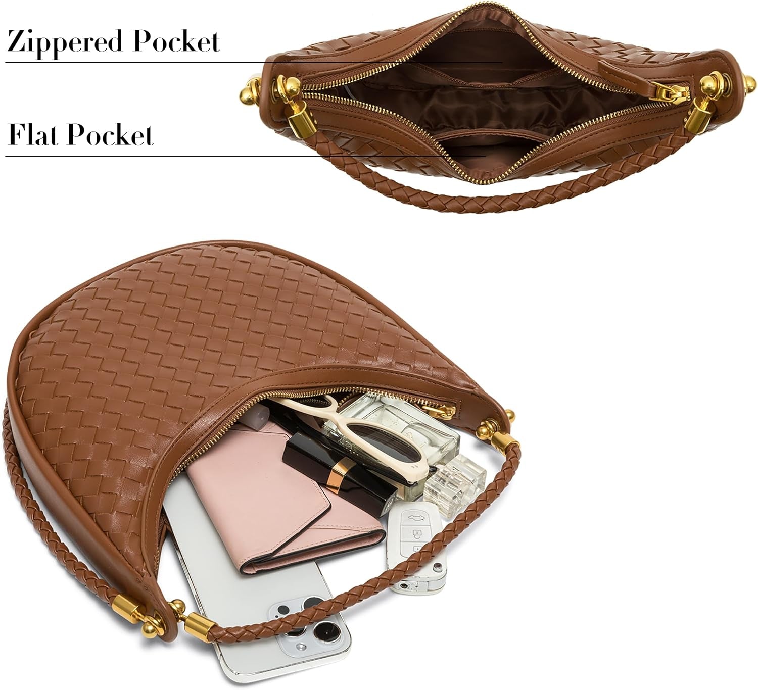 Woven Leather Crescent Shoulder Bag for Women, Saddle Purse Braided Top-Handle Handbag under Arm Bag