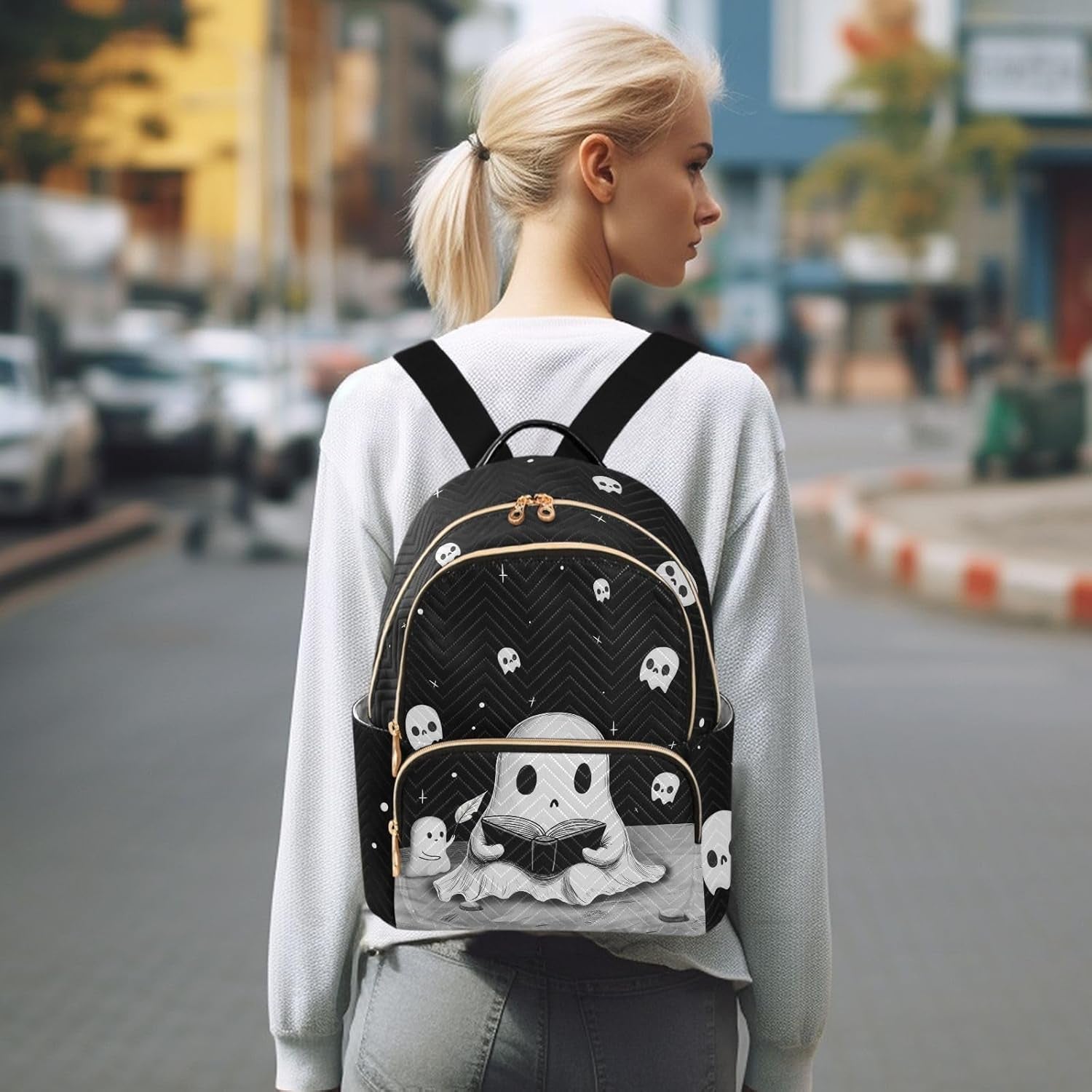 Cute Ghost Quilted Backpack Purse for Women Fashion Small Backpack Shoulder Bag Travel Casual Daypack M