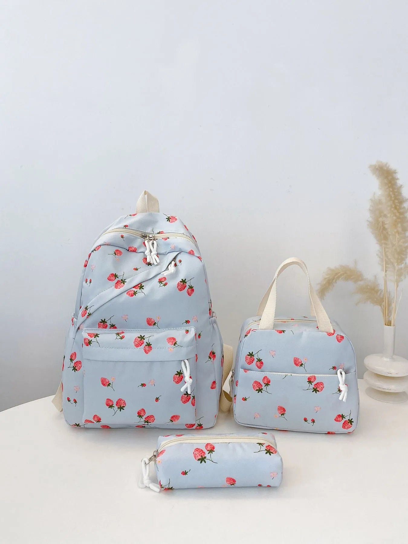 3-Piece Strawberry Print Canvas Bag Set