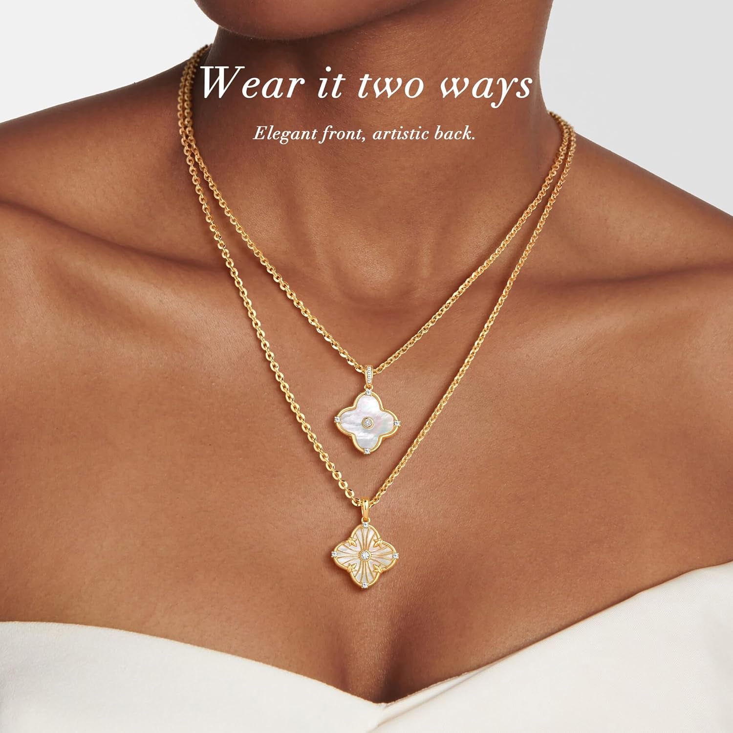 Reversible Clover Necklace for Women 14K Gold Plated Natural Stone Four Leaf Pendant Necklaces Lucky Charm Jewelry