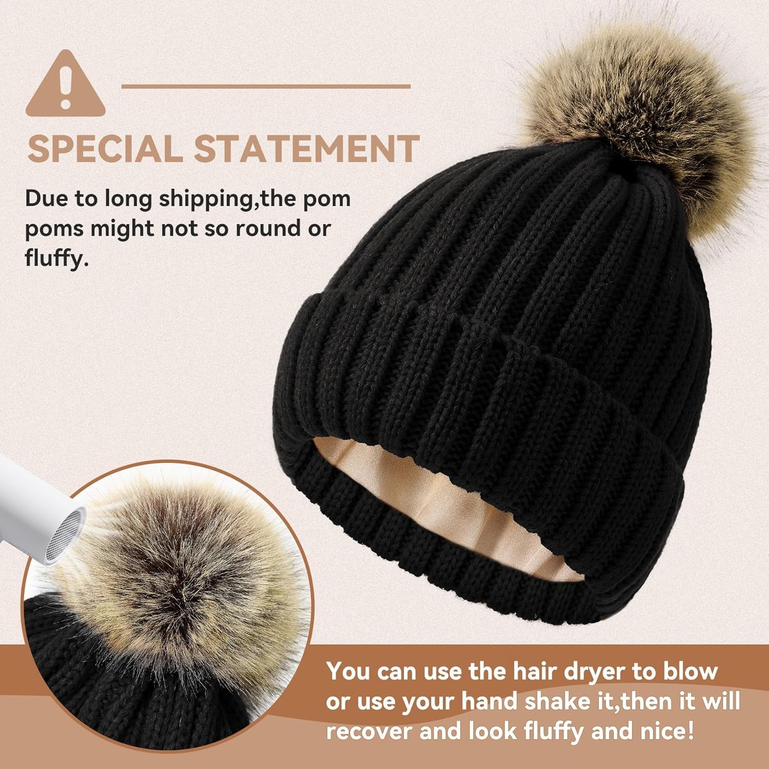 Winter Satin Lined Beanie Hats for Women - Fur Pom Pom for Hats Warm Thick Silky Knit Beanies Slouchy Fashionable Cap