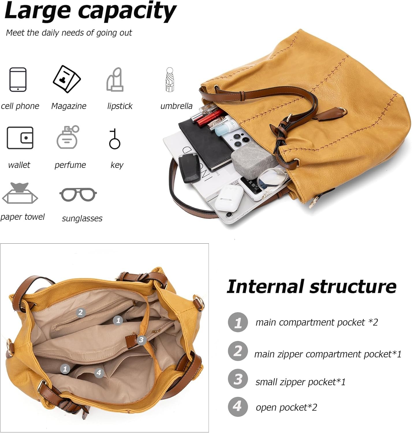 Casual Faux Leather Tote Hobo Bag for Women, Soft Shoulder Bag Crossbody Satchel Purse and Handbag