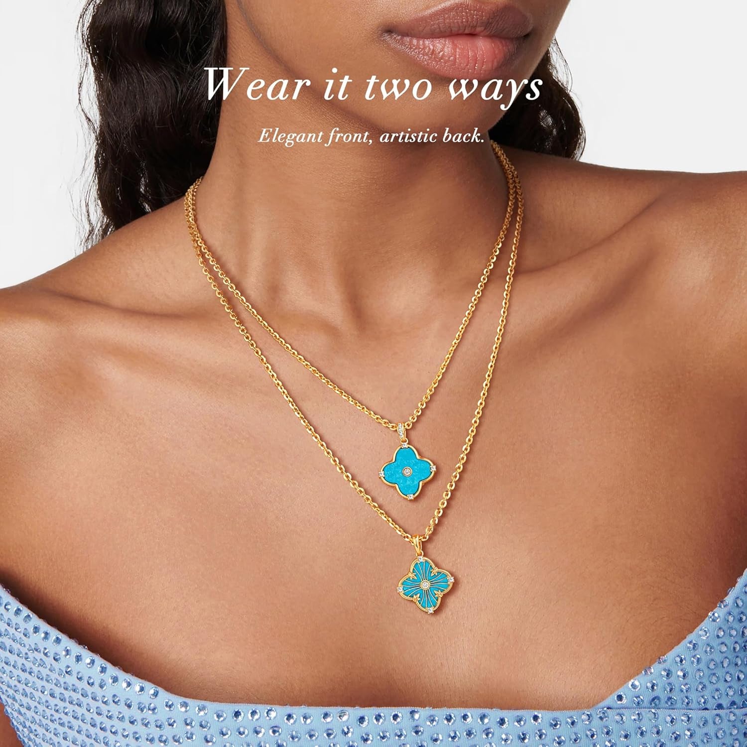 Reversible Clover Necklace for Women 14K Gold Plated Natural Stone Four Leaf Pendant Necklaces Lucky Charm Jewelry