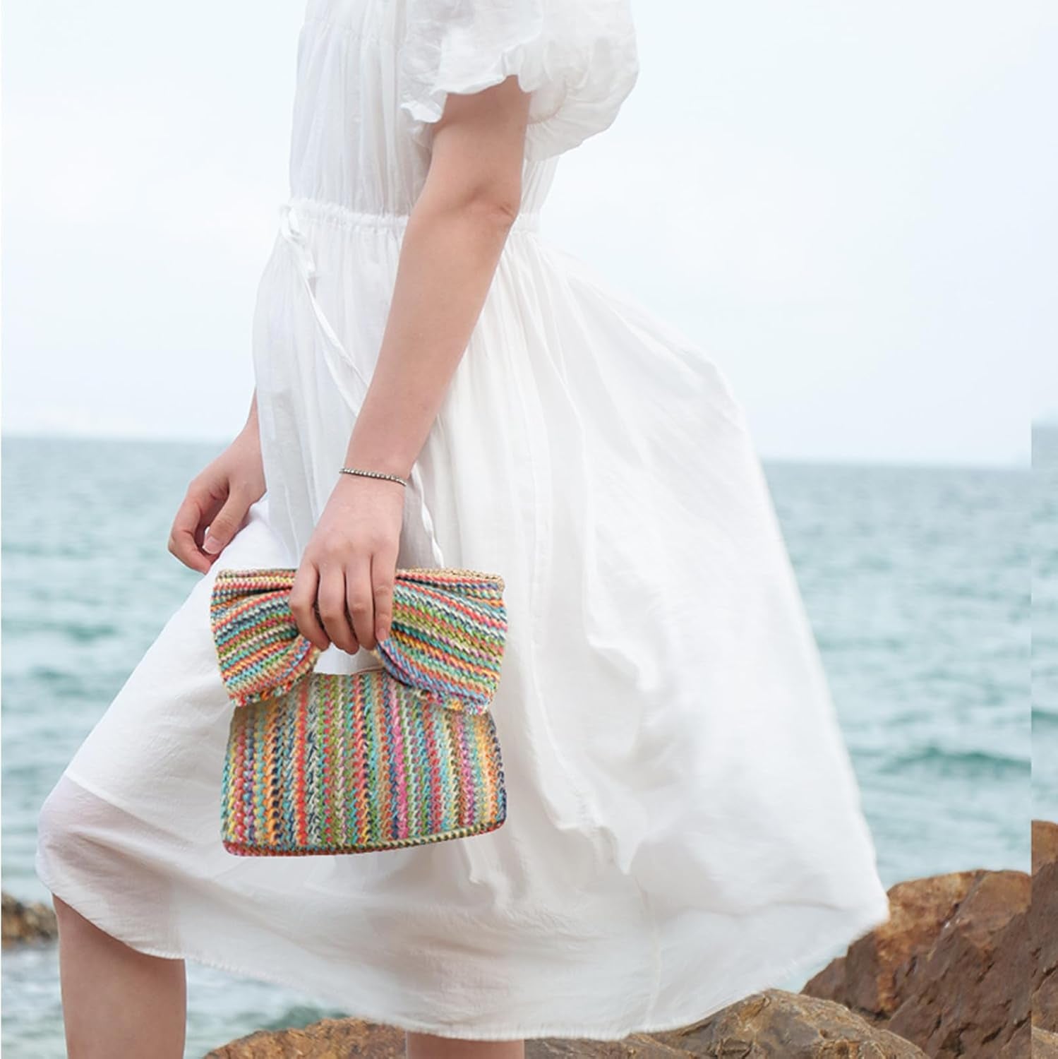 Bow Straw Clutch Purses for Women Summer Woven Rattan Handbags Wicker Beach Tote Bag 2025