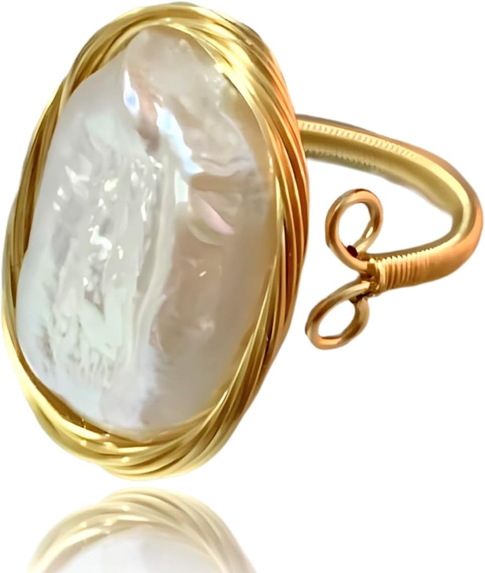 Handcrafted Baroque Pearl Ring Winding Design Opening Adjustable 14K Gold Plated Material,White