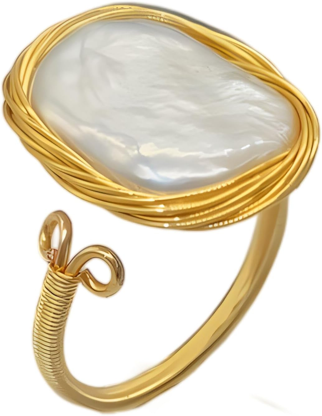 Handcrafted Baroque Pearl Ring Winding Design Opening Adjustable 14K Gold Plated Material,White
