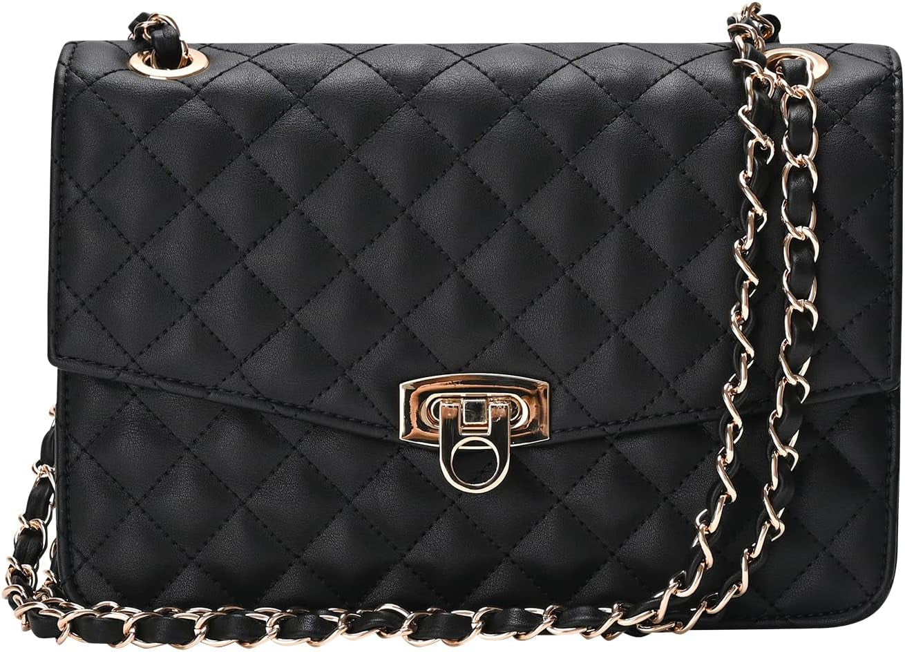 Quilted Shoulder Bag for Women, Medium Flap Crossbody Handbag with Chain Strap, Soft Vegan Leather Clutch Purse