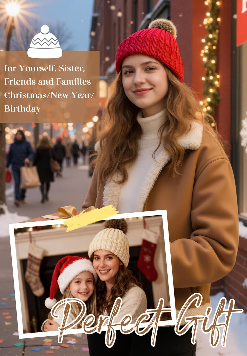 Winter Satin Lined Beanie Hats for Women - Fur Pom Pom for Hats Warm Thick Silky Knit Beanies Slouchy Fashionable Cap