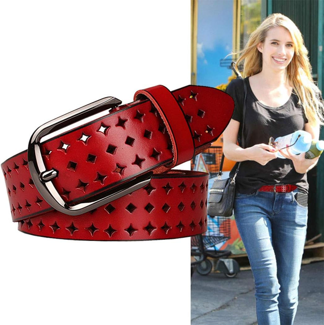 Hollow Leather Belts for Women, Soft Leather Womens Belts with Pin Buckle