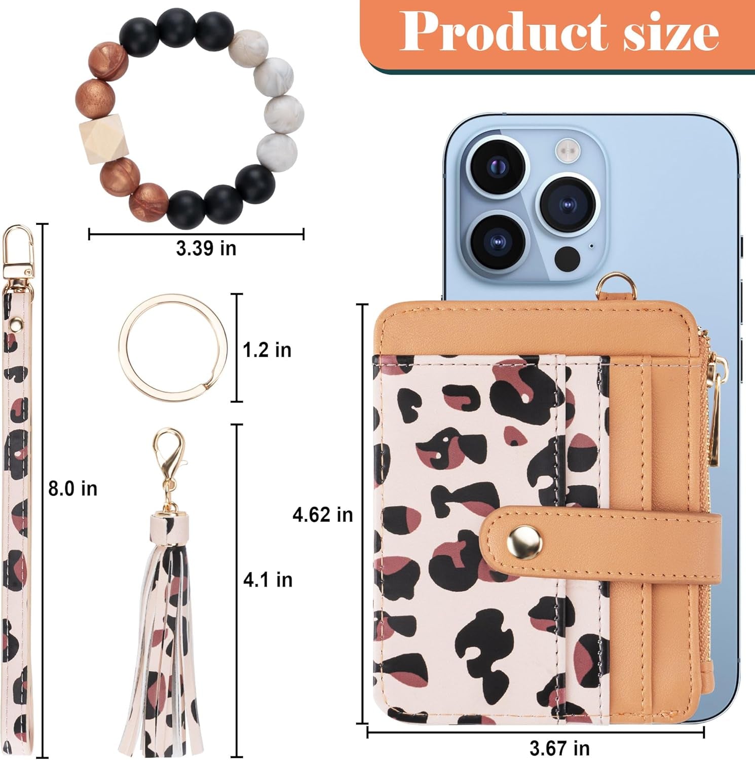 Keychain Wallet with Bracelet RFID Blocking Wristlet Credit Purse Card Holder, Silicone Bead Tassel Key Ring for Women