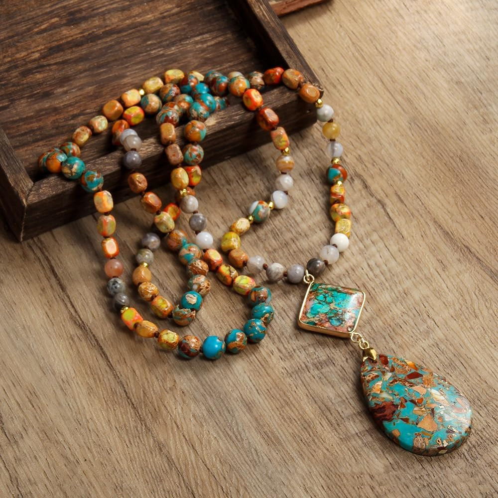 Boho Necklaces for Women Men Long,33/34/35 Inch Natural Turquoise Tiger Eye Beaded Stone Pendant Necklaces for Women Trendy,Handmade Bohemian Western Bead Necklace Fashion Charm Jewelry Gift