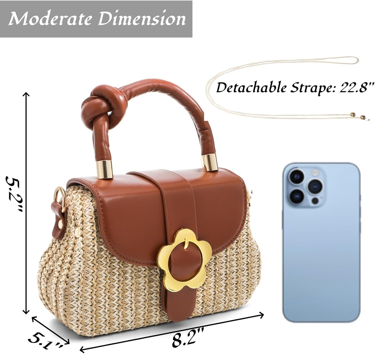 Small Top Handle Purse, Straw Crossbody Bag with Floral Buckle Detachable Strap for Women, Cute Mini Clutch Straw Purse for Vocation, Summer Beach, Travel, Holiday