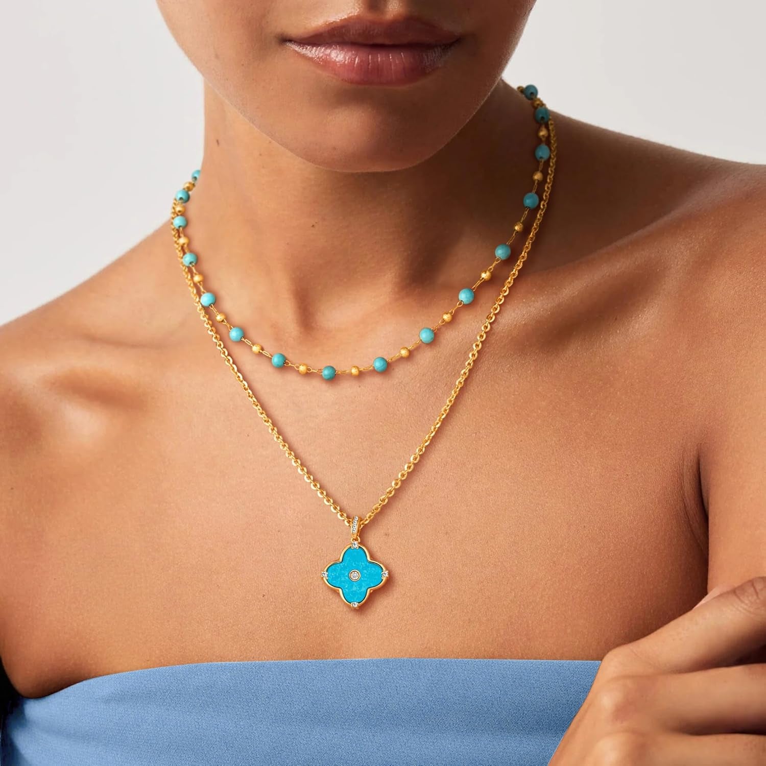 Reversible Clover Necklace for Women 14K Gold Plated Natural Stone Four Leaf Pendant Necklaces Lucky Charm Jewelry