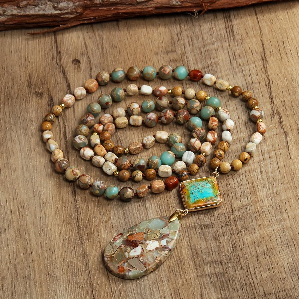 Boho Necklaces for Women Long,33/34/35 Inch Natural Turquoise Tiger Eye Beaded Stone Pendant Necklaces for Women Trendy,Handmade Bohemian Western Bead Necklace Fashion Charm Jewelry Gift