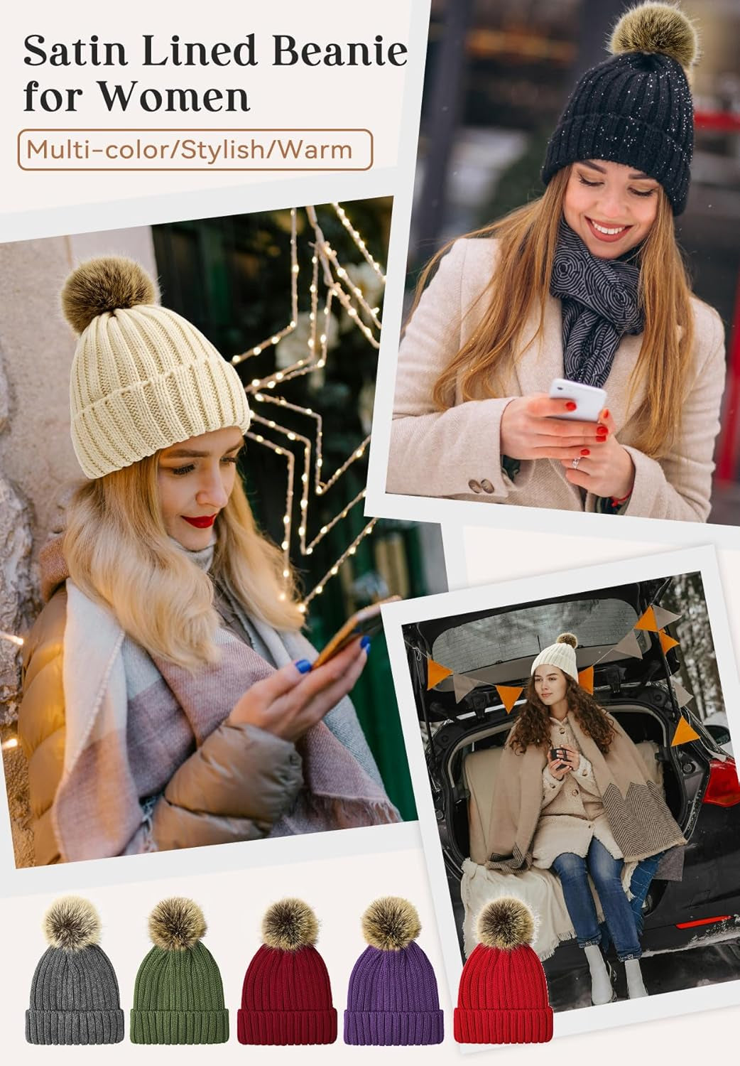 Winter Satin Lined Beanie Hats for Women - Fur Pom Pom for Hats Warm Thick Silky Knit Beanies Slouchy Fashionable Cap