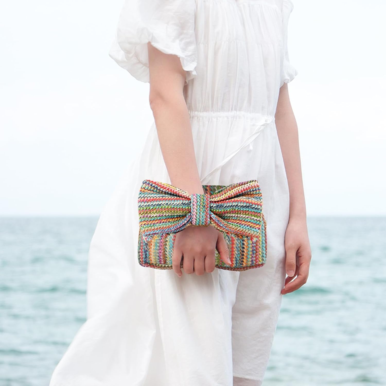 Bow Straw Clutch Purses for Women Summer Woven Rattan Handbags Wicker Beach Tote Bag 2025