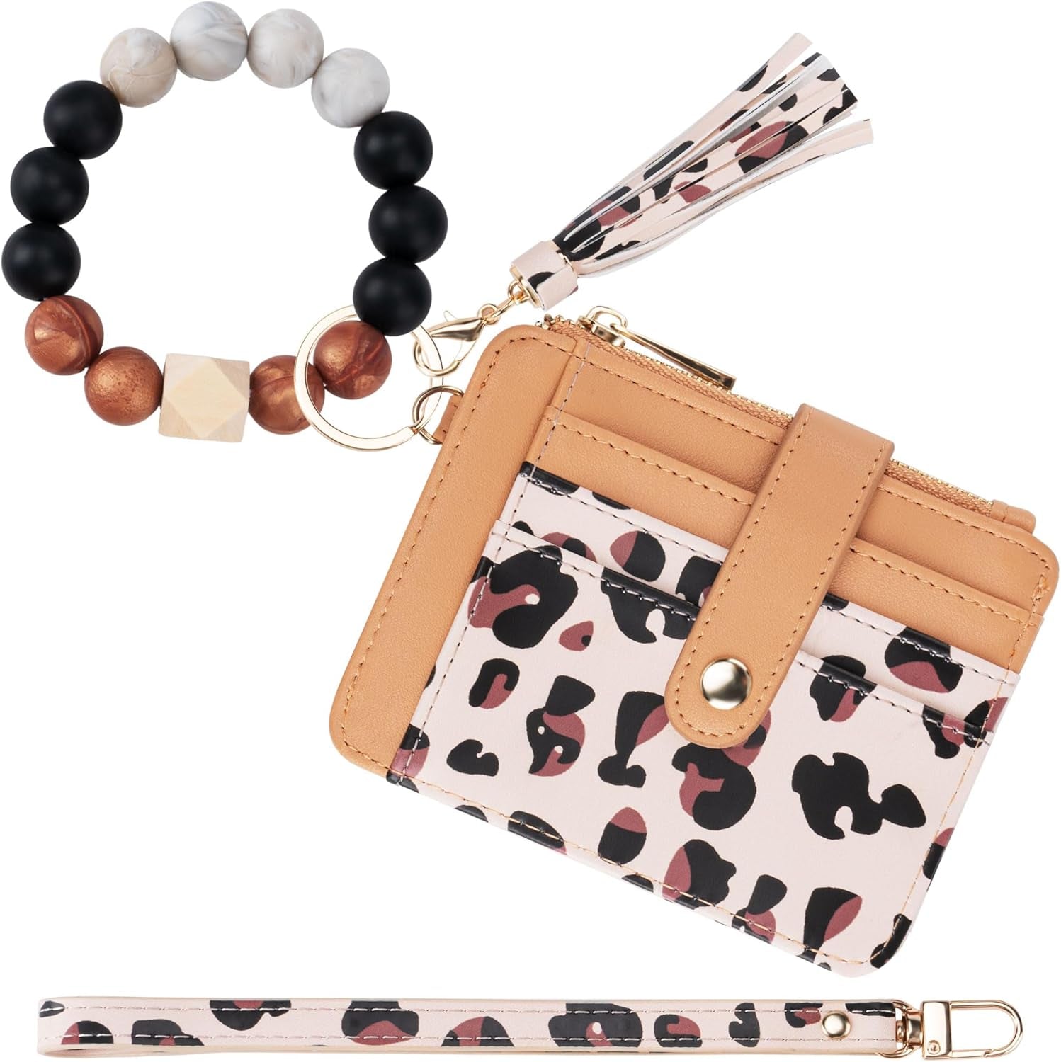 Keychain Wallet with Bracelet RFID Blocking Wristlet Credit Purse Card Holder, Silicone Bead Tassel Key Ring for Women