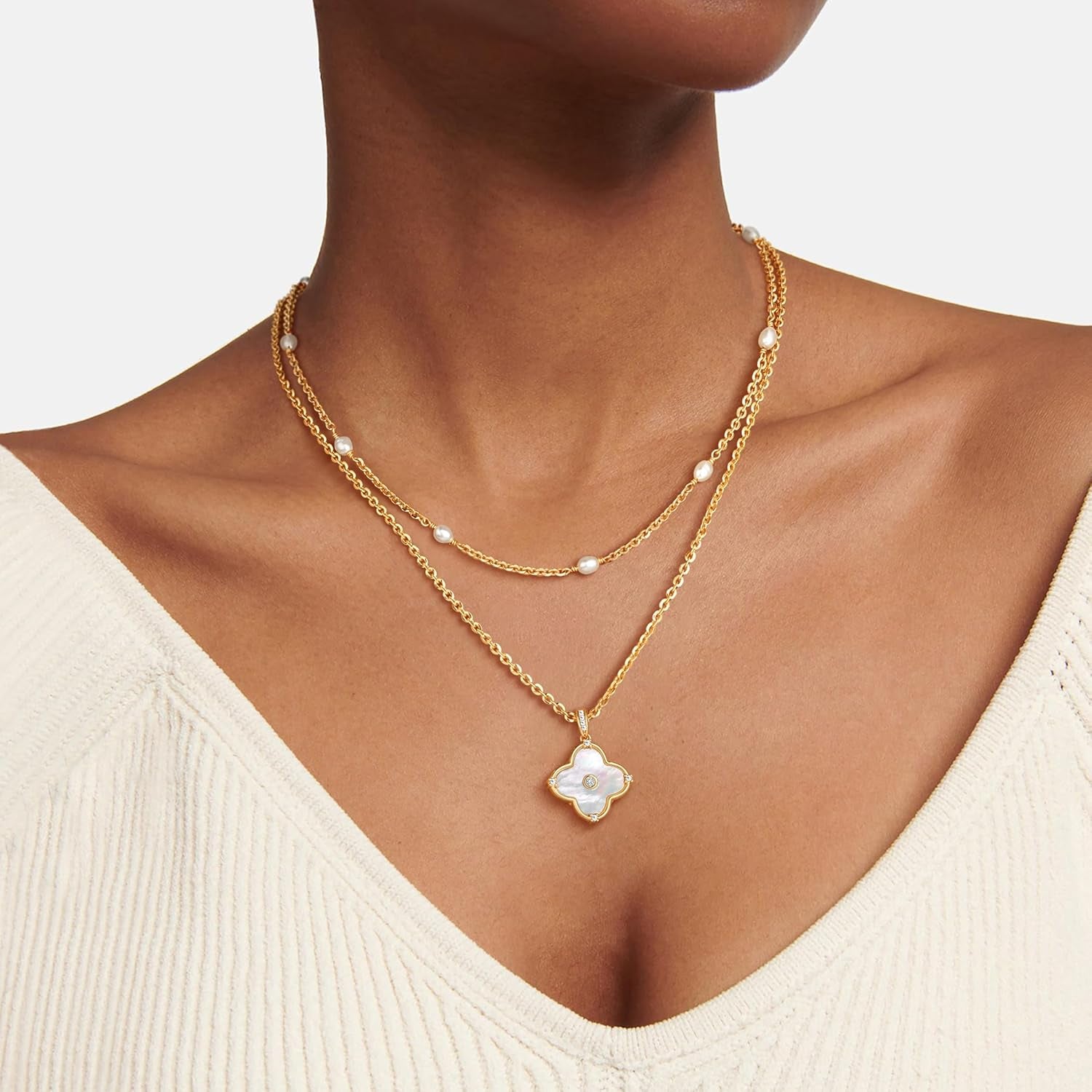 Reversible Clover Necklace for Women 14K Gold Plated Natural Stone Four Leaf Pendant Necklaces Lucky Charm Jewelry