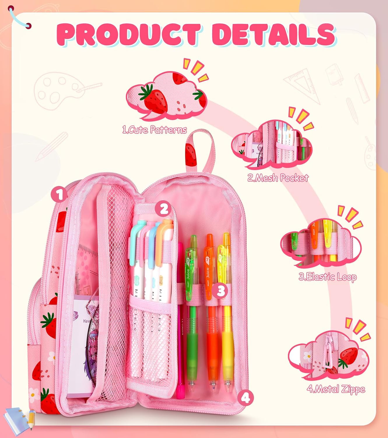 Cute Strawberry Pencil Case,Unique Aesthetic 3D Schoolbag-Shaped Pencil Pouch for Girls Boys Kids Women,Big Capacity Pen and Pencil Stationery Organizer Bag with Zippers for School Office