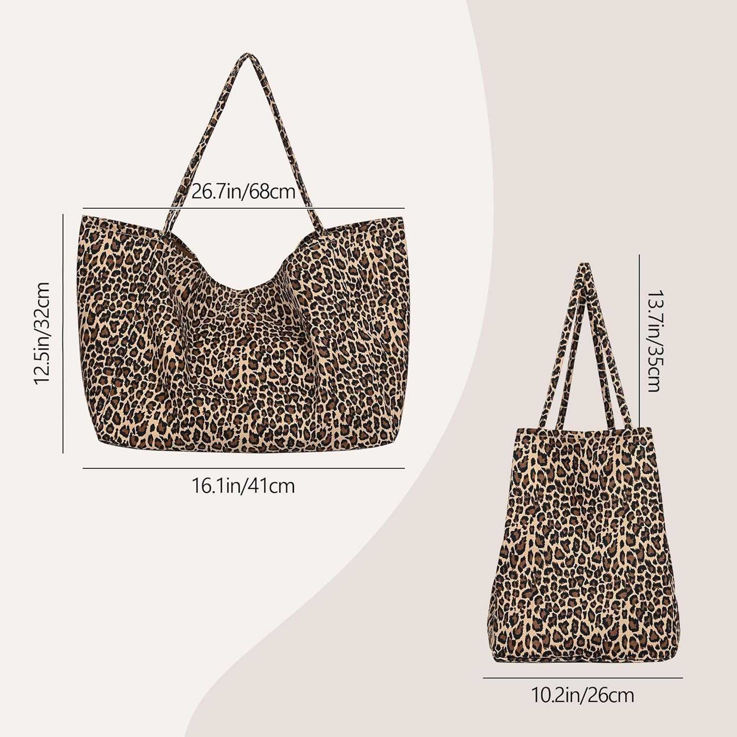 Large Leopard Print Canvas Tote Bag, Shoulder Handbag, Beach Shopping Purse