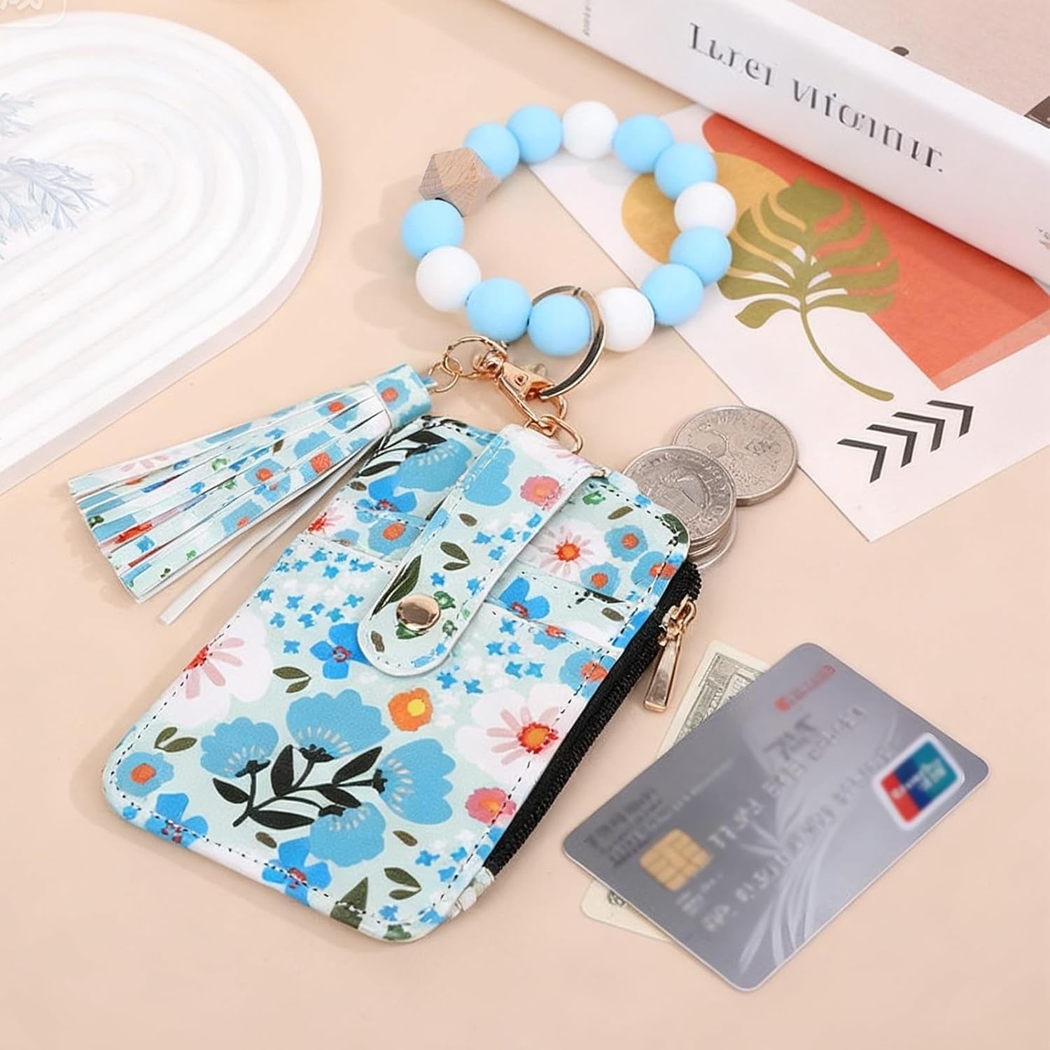 Women Boho Beaded Wallet Keychain Wristlet Wallet for Women Tassel Silicone Keychain Card Holder Small Purse Gifts