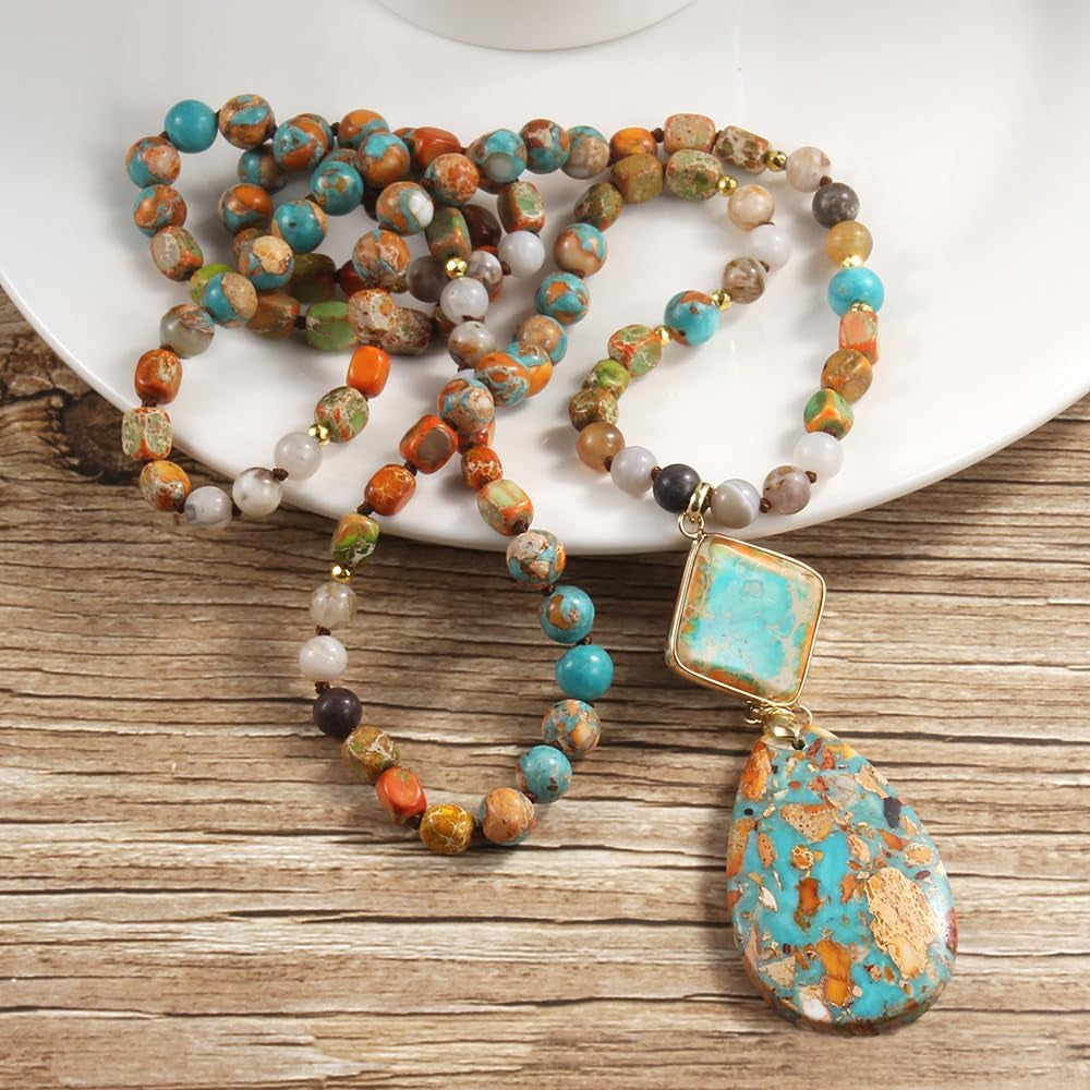 Boho Necklaces for Women Men Long,33/34/35 Inch Natural Turquoise Tiger Eye Beaded Stone Pendant Necklaces for Women Trendy,Handmade Bohemian Western Bead Necklace Fashion Charm Jewelry Gift