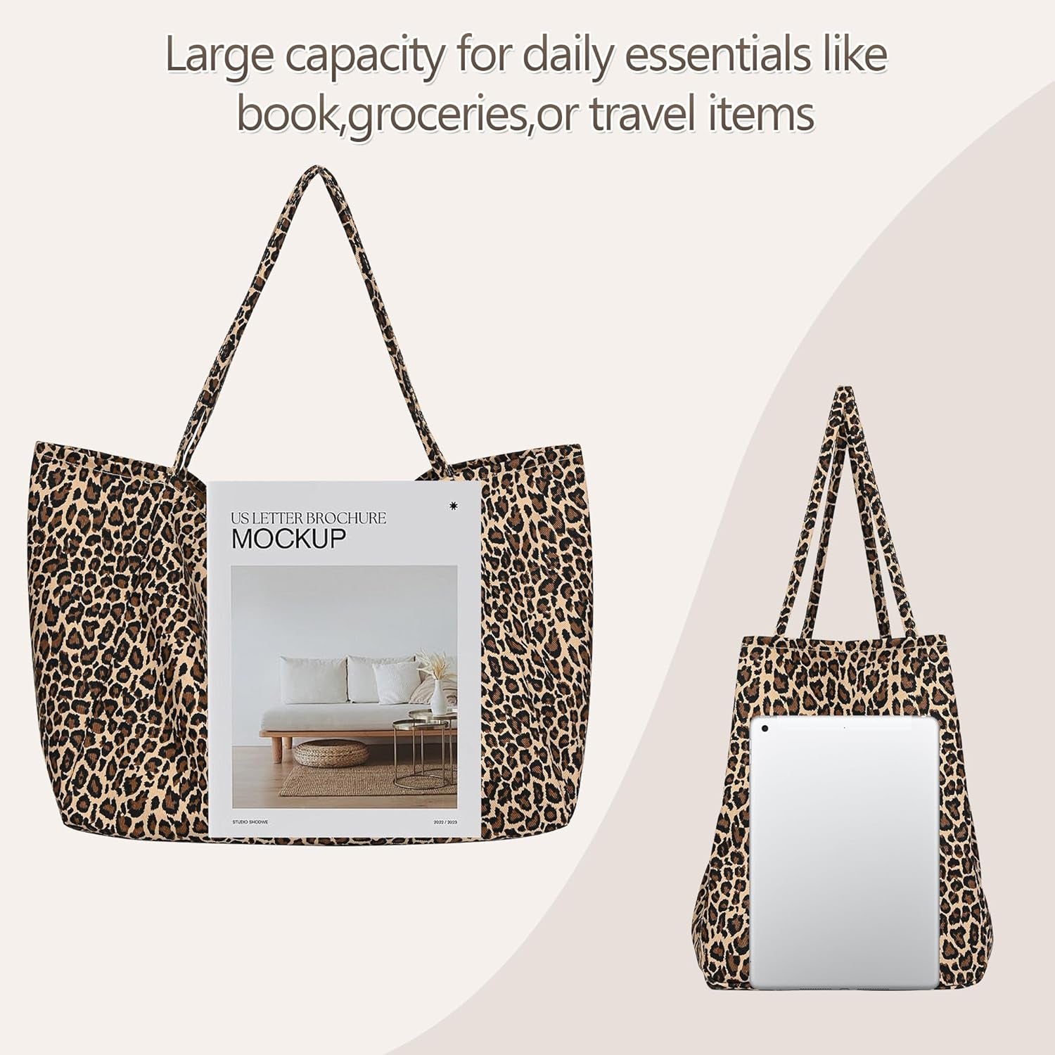 Large Leopard Print Canvas Tote Bag, Shoulder Handbag, Beach Shopping Purse